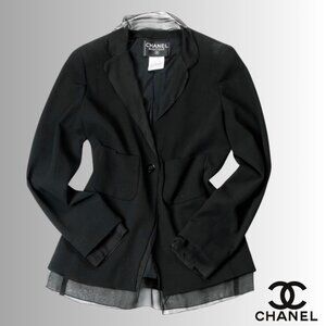 CHANEL jacket size 48, 14 - 16 US, black lightweight wool & sheer silk accents
